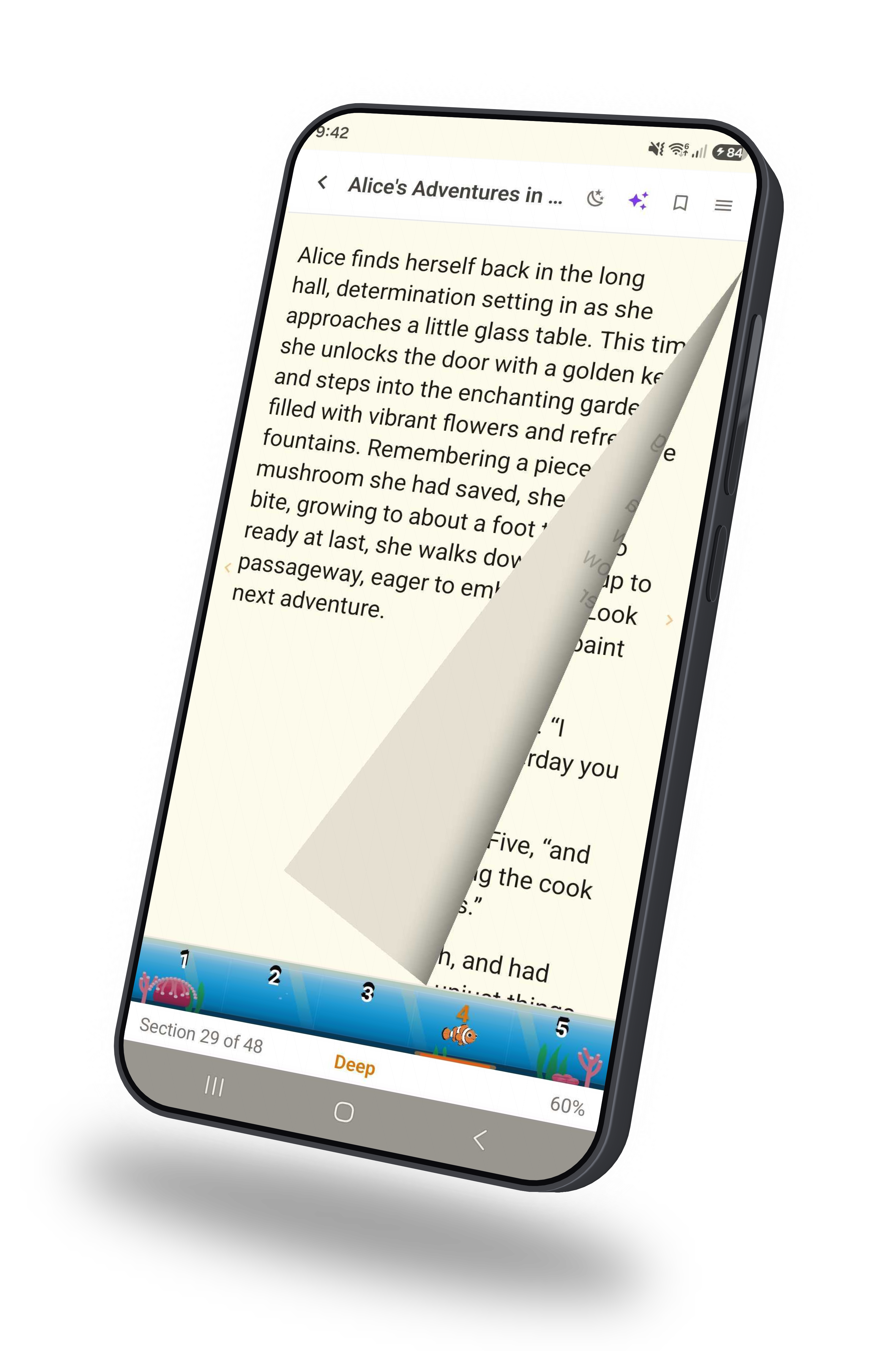The Skim or Dive reader on a phone, mid page-turn, with the detail slider set to Deep